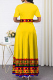 Gelbes, lässiges Patchwork-Kleid mit O-Ausschnitt und kurzen Ärmeln