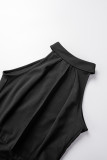 Schwarzes, elegantes, festes Patchwork-Halbrollkragen-Abendkleid