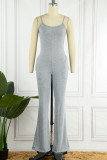 Brown Casual Solid Patchwork Spaghetti Strap Straight Jumpsuits