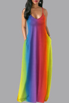 Fuchsia Rainbow Casual Gradual Change Pocket U Neck Sling Maxi Cami Loose Dress