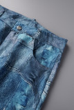 Ковбойские синие повседневные джинсы скинни с короткими рукавами и круглым вырезом в стиле пэчворк с уличным принтом