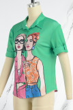Green Casual Print Basic Shirt Collar Tops