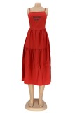 Red Casual Letter Print Frenulum Backless Spaghetti Strap Long Dress Dresses