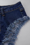 Short en jean taille haute patchwork uni bleu clair Street
