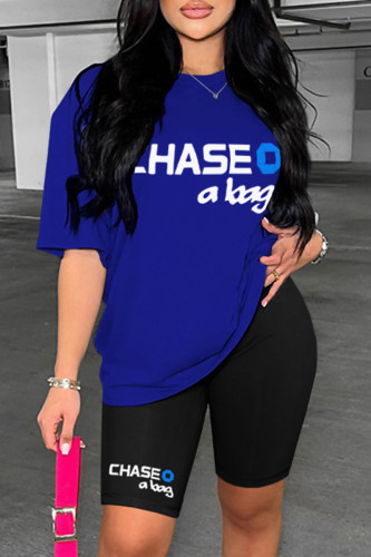 Blue Casual Letter Print Basic O Neck Short Sleeve Two Pieces