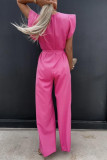 Monos regulares de cuello redondo de frenillo sólido elegante de trabajo casual rosa (con cinturón)