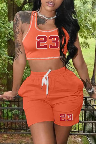 Orange Red Casual Sportswear Print Basic U Neck Sleeveless Two Pieces