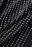 Negro sexy sólido vendaje patchwork transparente taladro caliente manga larga dos piezas