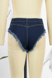 Pantalones cortos de mezclilla de cintura alta de patchwork sólido azul profundo de Street
