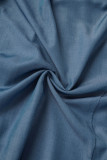 ブルー カジュアル ストリート ソリッド パッチワーク ポケット O ネック ランタン ドレス ドレス