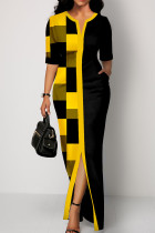 Gele casual geruite print patchwork V-hals rechte jurken