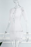 Vestidos branco sexy liso transparente vazado com decote em bico