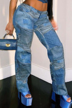 Cowboyblå Casual Street Print Patchwork O-hals Kortärmad Skinny Denim Jeans