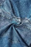 De cowboyblauwe casual streetprint patchwork skinny jeans met ronde hals en korte mouwen