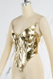 Gold Sexy Solid Patchwork Asymmetrical Strapless Tops