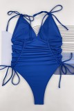 Синие сексуальные однотонные купальники со складками и открытой спиной (с прокладками)