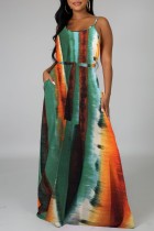 Зеленое оранжевое сексуальное повседневное длинное платье с принтом и открытой спиной на тонких бретельках Платья