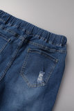 Синие повседневные однотонные рваные обычные джинсовые шорты с высокой талией