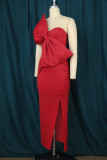 Rotes, sexy, formelles, solides, rückenfreies Patchwork-Abendkleid mit Schlitz und Schleife und trägerlosem Abendkleid