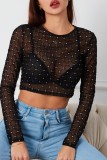 Black Sexy Casual Solid See-through O Neck Tops