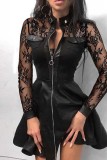 ブラック カジュアル パッチワーク ベーシック マンダリンカラー ロングスリーブドレス