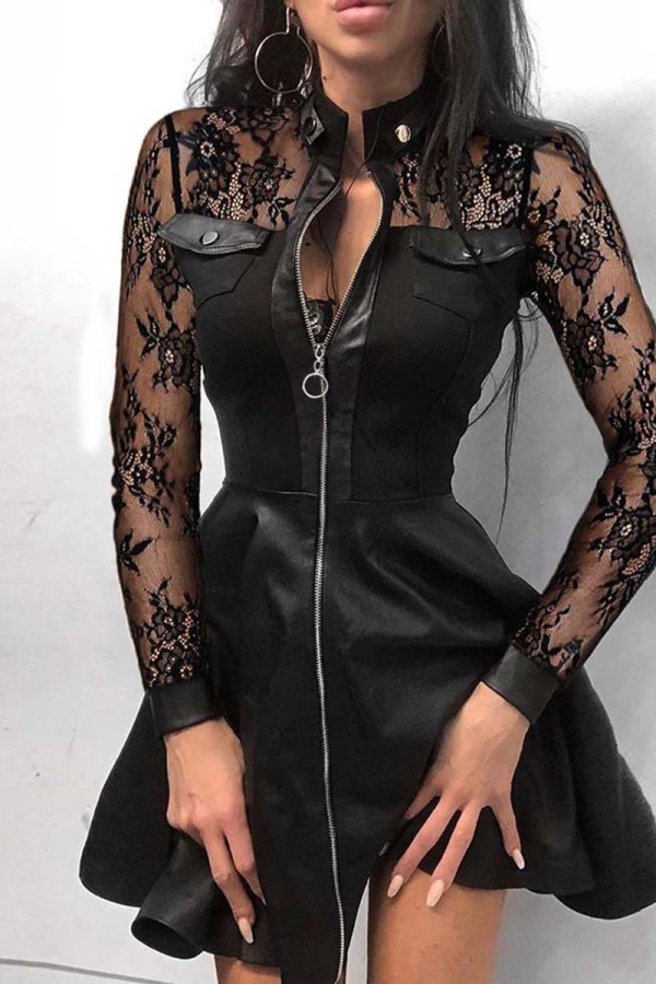 Чисто-черные повседневные платья в стиле пэчворк с воротником-стойкой и длинными рукавами