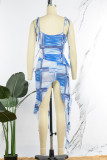 Синий сексуальный принт повязки спинки асимметричный ремень спагетти нерегулярные платья платья