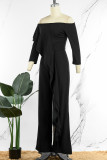 Black Casual Solid Patchwork Flounce Off the Shoulder Straight Jumpsuits
