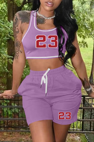 Purple Casual Sportswear Print Basic U Neck Sleeveless Two Pieces