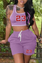 Пурпурный Повседневная спортивная одежда С принтом Базовый U-образный вырез Без рукавов Из двух частей