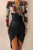 Vestido irregular con escote en V y pliegues en patchwork con estampado elegante y sexy en oro negro Vestidos