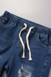Blue Casual Solid High Waist Regular Raw Hem Ripped Denim Shorts