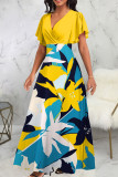 Yellow Casual Print Patchwork V Neck Straight Dresses