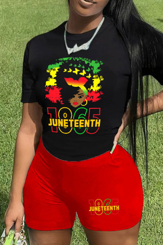 Black Red Casual Print Patchwork O Neck Short Sleeve Two Pieces