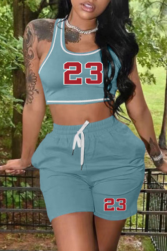 Cyan Casual Sportswear Print Basic U Neck Sleeveless Two Pieces
