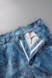 Le cowboy blue Casual Street Print Patchwork O Neck Short Sleeve Short Denim Jeans