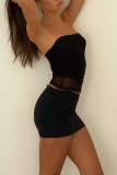 Black Sexy Solid See-through Strapless Sleeveless Two Pieces