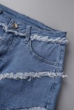 Pantaloncini di jeans a vita alta patchwork tinta unita blu