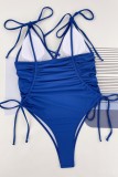 Trajes de baño con pliegues sin espalda de vendaje sólido sexy azul (con rellenos)