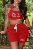 Красный Повседневная спортивная одежда С принтом Классический U-образный вырез Без рукавов Из двух частей