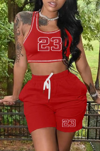Red Casual Sportswear Print Basic U Neck Sleeveless Two Pieces