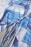 Bleu Sexy Imprimer Bandage Dos Nu Asymétrique Spaghetti Strap Robe Irrégulière Robes