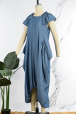 Vestido de linterna con cuello en O y bolsillo de patchwork sólido de calle informal azul Vestidos