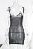 Vestidos de falda de lápiz de taladro caliente transparente de patchwork sólido sexy negro