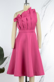 Rose Red Elegant Solid Patchwork Fold Oblique Collar Evening Dress Dresses