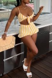 Yellow Sexy Casual Striped Print Backless Spaghetti Strap Sleeveless Two Pieces