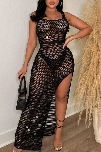 Black Sexy Solid Hollowed Out Sequins Patchwork Swimwears Cover Up