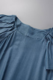 Blauwe Casual Street Solid Patchwork Pocket O Neck Lantern Dress Jurken