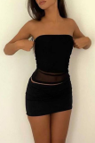 Black Sexy Solid See-through Strapless Sleeveless Two Pieces