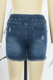 Pantalones cortos de mezclilla regulares de cintura alta rasgados sólidos casuales azules